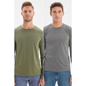 Trendyol Khaki Men's 2-Pack Basic - Slim Fit Single Jersey Crew Neck Long Sleeved T-Shirt