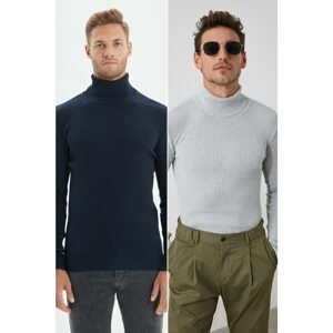 Trendyol Navy Blue-Grey Men's Fitted Slim Fit Turtleneck Elastic Knit 2-Pack Knitwear Sweater