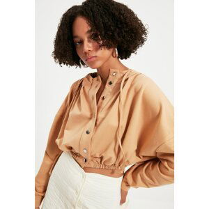 Trendyol Camel Pleated Button Detailed Crop Knitted Sweatshirt