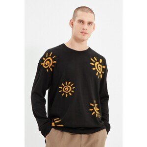 Trendyol Black Men's Oversized Crew Neck Sun Pattern Detailed Sweater