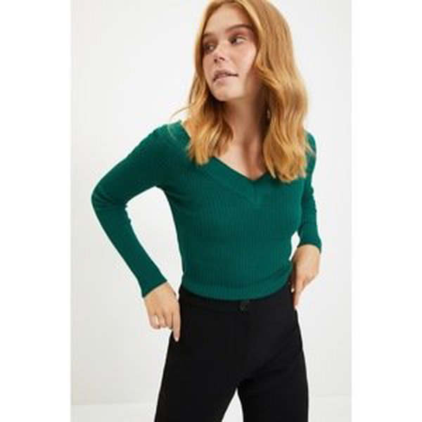 Trendyol Emerald Green V-Neck Corduroy Knitwear Sweater