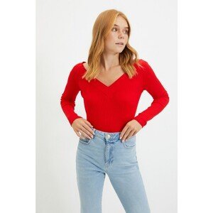 Trendyol Red V-Neck Corduroy Knitwear Sweater