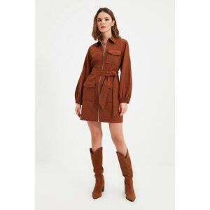 Trendyol Brown Petite Belted Zippered Pocket Detailed Dress