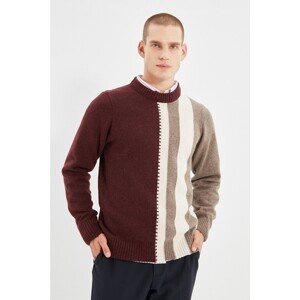 Trendyol Claret Red Men's Slim Fit Crew Neck Paneled Knitwear Sweater
