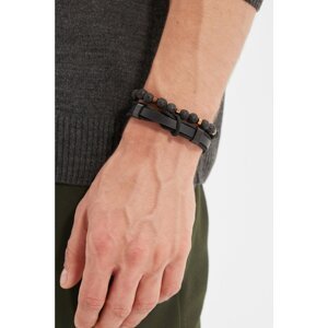 Trendyol Black Men's 2-Pack Genuine Leather and Natural Stone Combination Bracelet
