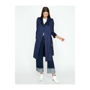 Koton Women's Navy Blue Tie Waist Suede Look Trench Coat