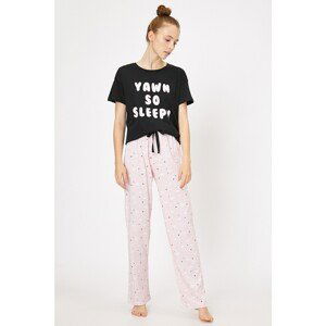 Koton Women's Pink Crew Neck Short Sleeve Printed Pajamas Set