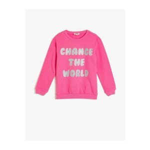 Koton Girl's Pink Crew Neck Long Sleeve Glittery Printed Sweatshirt