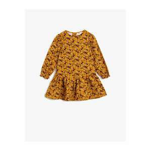 Koton Girl's Yellow Cotton Floral Crew Neck Long Sleeve Dress