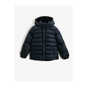 Koton Boys Navy Blue Hooded High Collar Zippered Inflatable Coat with Pocket