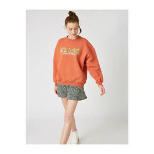 Koton Women's Orange Crew Neck Printed Sweatshirt