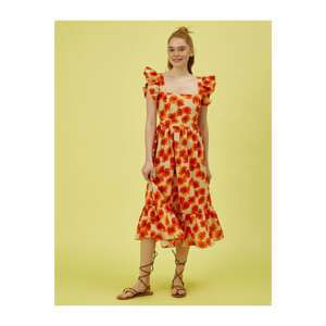 Koton Women's Orange Floral Ruffle Cotton Dress