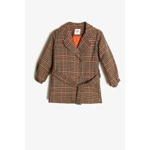Koton Girl's Brown Checkered Button Detailed Tie Waist Coat