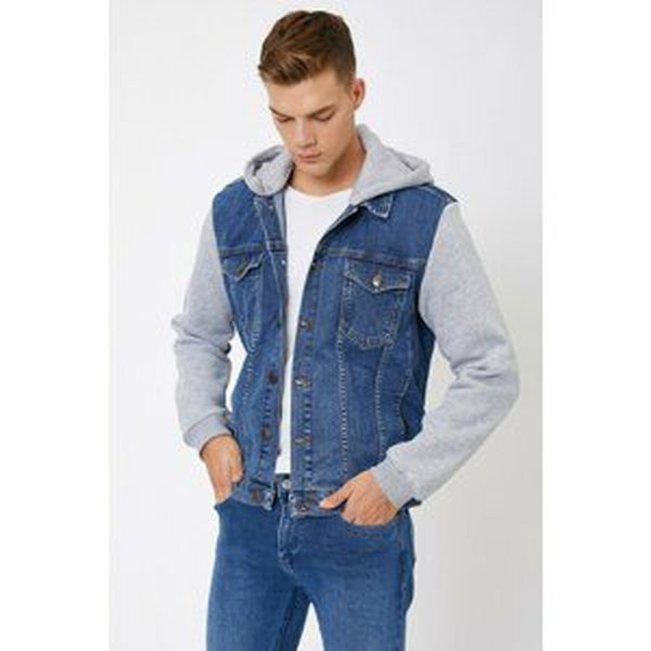 Koton Men's Blue Hooded Jean Jacket