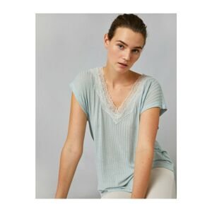 Koton Women's Green V-Neck Lace Short Sleeve Pajama Top