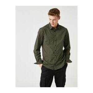 Koton Men's Green Striped Classic Fit Shirt with a Classic Collar Long Sleeves.