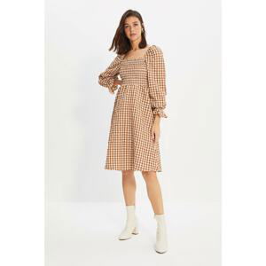 Trendyol Brown Petite Check Square Collar Dress