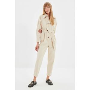 Trendyol Ecru Belted Jacket Collar Jumpsuit