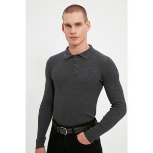 Trendyol Smoked Men's Slim Fit Buttoned Polo Collar Corduroy Knitted Sweater