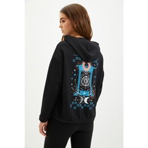 Trendyol Black Oversize Hooded Front and Back Printed Knitted Sweatshirt