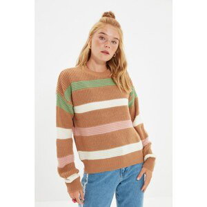 Trendyol Camel Crew Neck Striped Knitwear Sweater