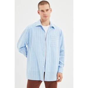 Trendyol Blue Men's Oversize Shirt Collar Long Sleeve Striped Shirt