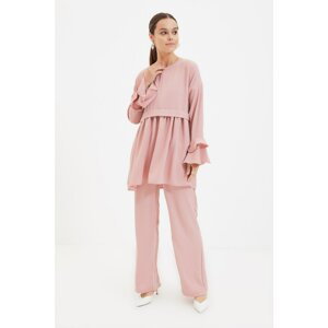 Trendyol Dried Rose Crew Neck Ruffle Detailed Woven Bottom-Top Set