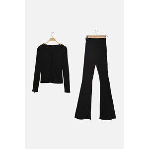 Trendyol Black Lacing Detail Ribbed Flare Knitted Bottom-Top Set