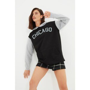 Trendyol Black Color Block Printed Boyfriend Knitted Slim Sweatshirt