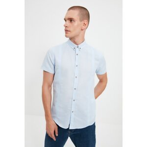 Trendyol Blue Men's Slim Fit Buttoned Collar Linen Cup Short Sleeve Shirt