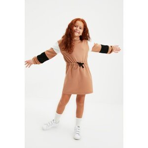 Trendyol Camel Color Block Knitted Dress For Girl With Pleated Waist Hooded Knitted Dress