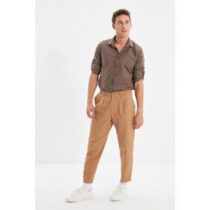 Trendyol Camel Men Regular Fit Pleated Belt Waisted Crop Leg Trousers