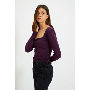 Trendyol Purple Square Collar, Shirring Detailed Fitted/Situated Crop, Flexible Knitted Blouse