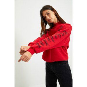 Trendyol Red Printed Stand Up Loose Knitted Sweatshirt