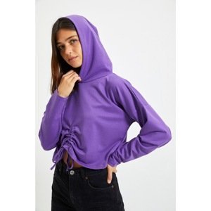 Trendyol Purple Pleated Hooded Crop Knit Slim Sweatshirt