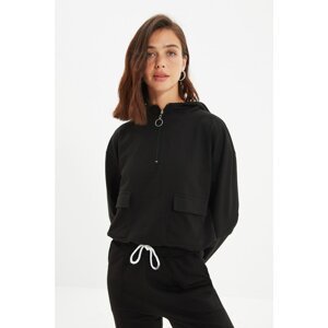 Trendyol Black Pocket Basic Hooded Knitted Sweatshirt
