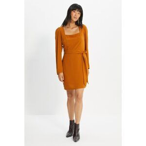 Trendyol Brown Belted Square Collar Dress