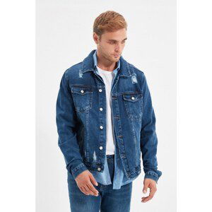 Trendyol Navy Blue Men's Destroyed Pocket Zipper Denim Jacket