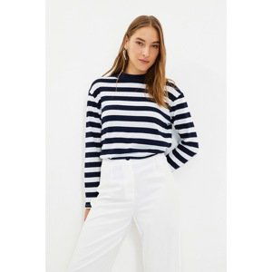 Trendyol Navy Striped Stand Up Collar Knitted T-Shirt