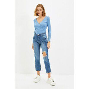 Trendyol Blue Ripped Detailed High Waist Straight Jeans