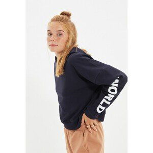 Trendyol Navy Printed Hooded Basic Knitted Thick Sweatshirt