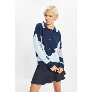 Trendyol Navy Blue Color Block Polo Collar Knitwear Cardigan