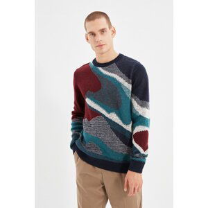 Trendyol Navy Blue Men's Crew Neck Regular Fit Geometric Paneled Knitwear Sweater