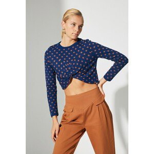 Trendyol Navy Blue Crop Jacquard Knitwear Sweater
