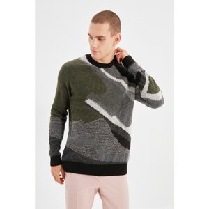 Trendyol Khaki Men's Crew Neck Regular Fit Geometric Paneled Knitwear Sweater