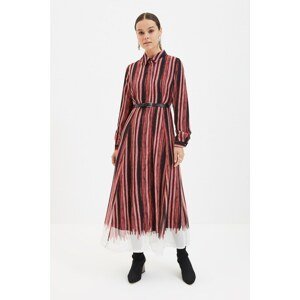 Trendyol Red Striped Belted Lined Shirt Collar Dress