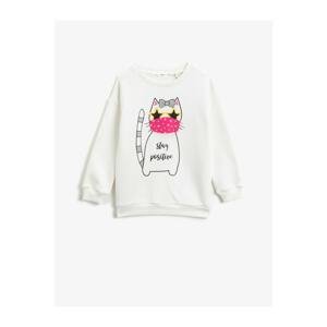 Koton Girl's Ecru Crew Neck Printed Long Sleeve Sweatshirt