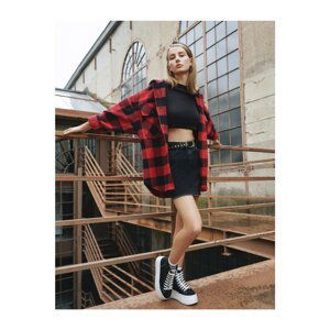 Koton Women's Hooded Oversize Plaid Red Jacket