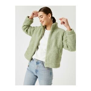 Koton Women's Green High Collar Faux Wool Look Coat