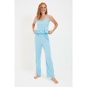 Trendyol Blue Ruffle Detailed Knitted Pajamas Set